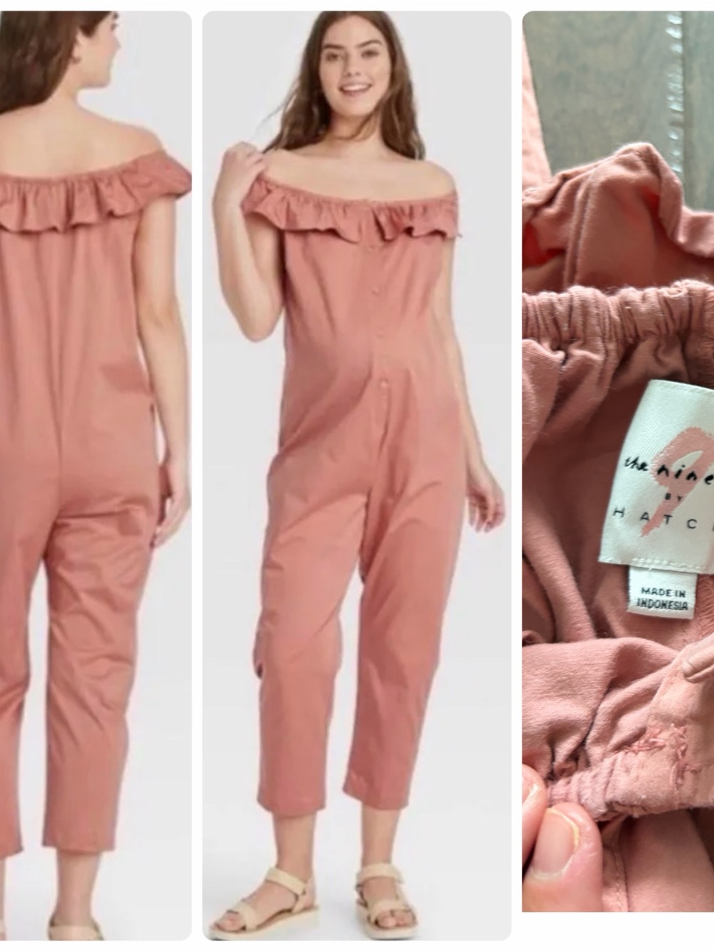 The nines by hatch maternity Off-the-Shoulder Ruffle Jumpsuit in Dusty Rose